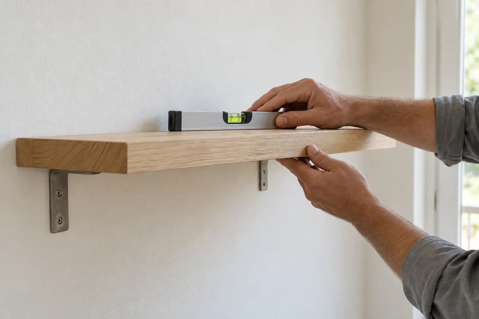 Pose d’une étagère en bois, avec vérification au niveau